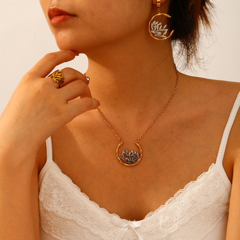 Bamboo Earrings Bracelet Ring 5-piece Necklace Set