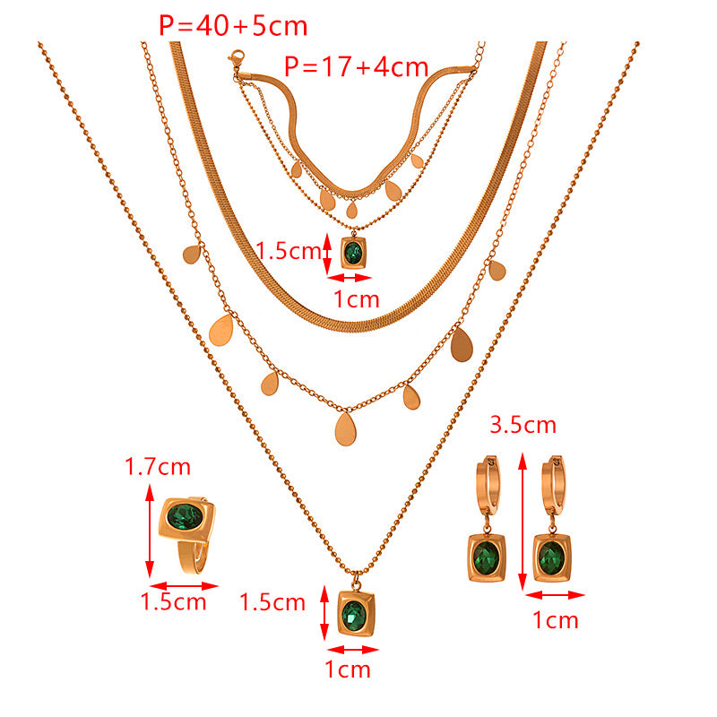 Emerald Earrings Bracelet Ring 5-piece Necklace Set