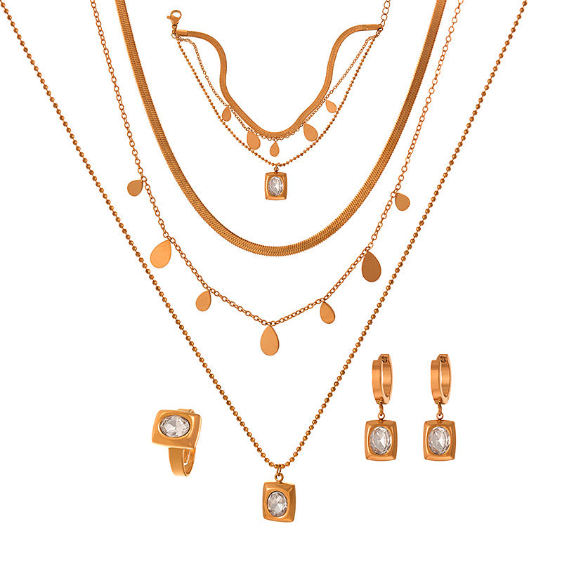 Diamond Earrings Bracelet Ring 5-piece Necklace Set