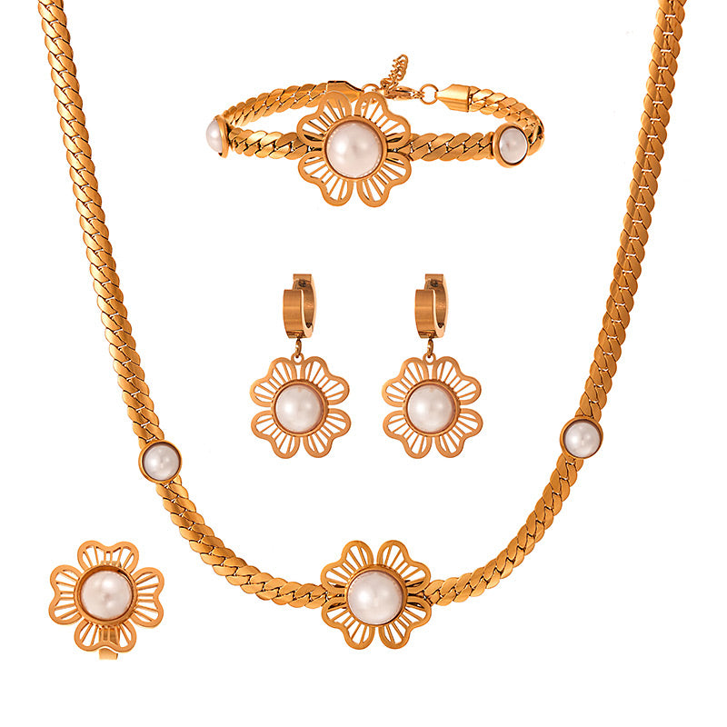 Pearl Clover Earrings Bracelet Ring 5-piece Necklace Set