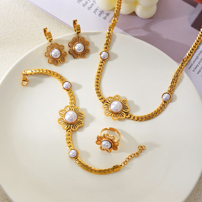 Pearl Clover Earrings Bracelet Ring 5-piece Necklace Set