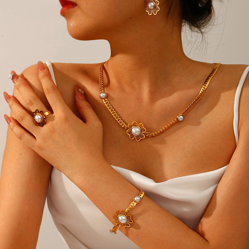 Pearl Clover Earrings Bracelet Ring 5-piece Necklace Set