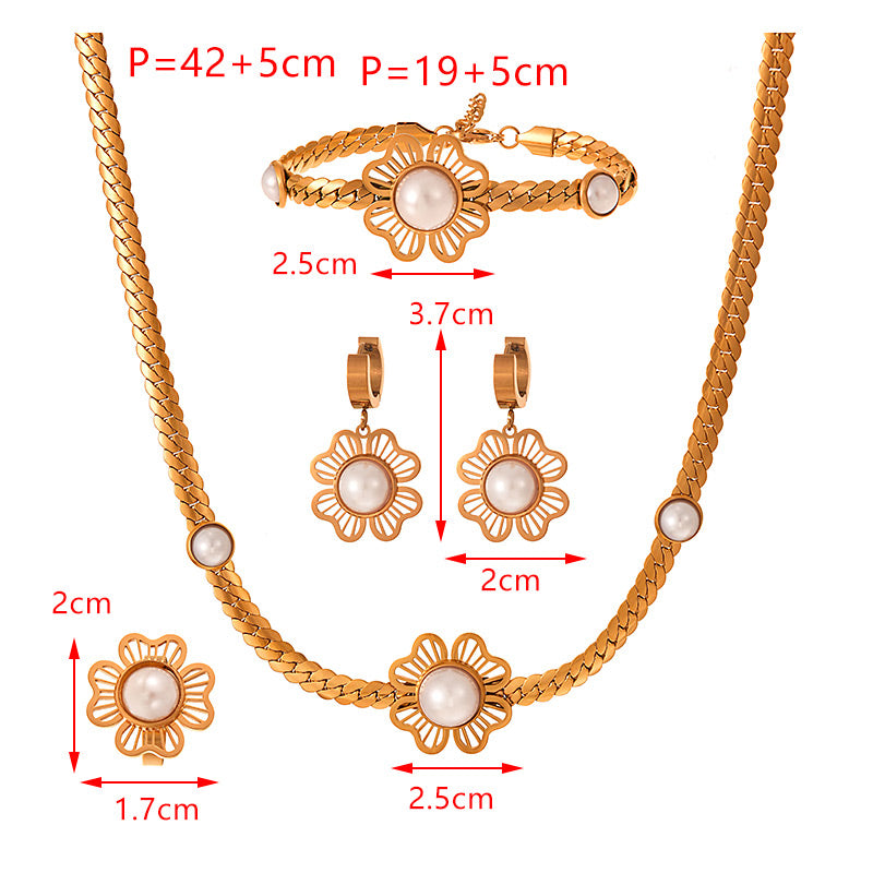 Pearl Clover Earrings Bracelet Ring 5-piece Necklace Set