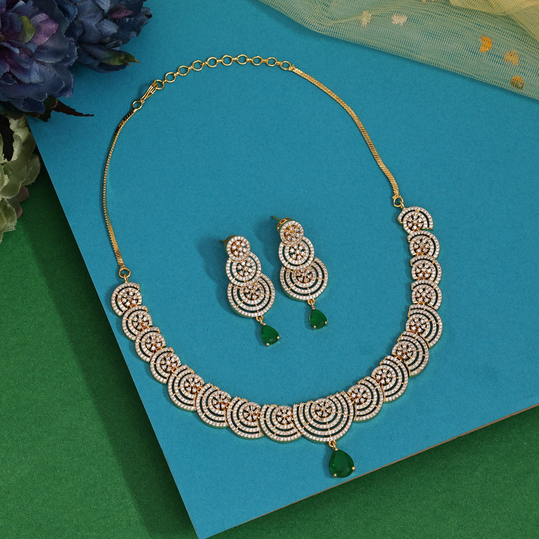 Emerald American Diamond Necklace Set