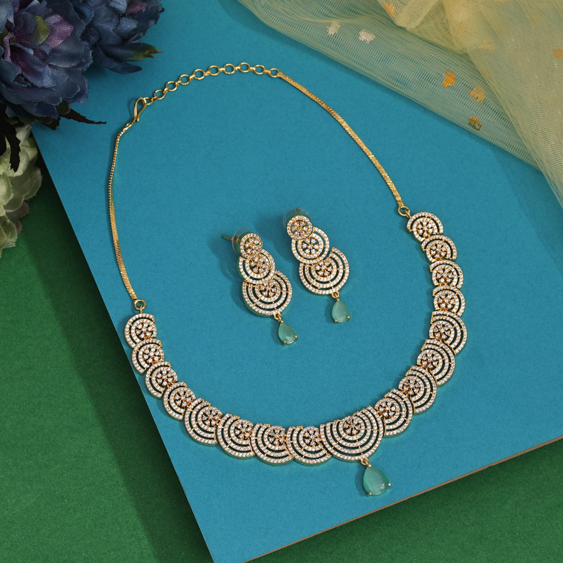 Emerald American Diamond Necklace Set