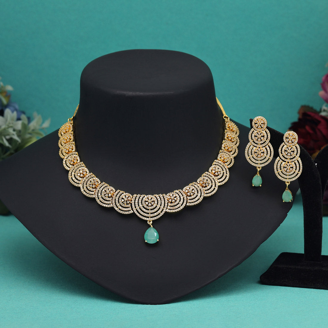 Emerald American Diamond Necklace Set