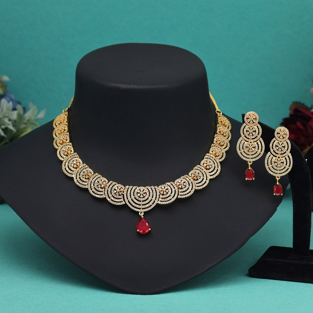 Ruby American Diamond Necklace Set
