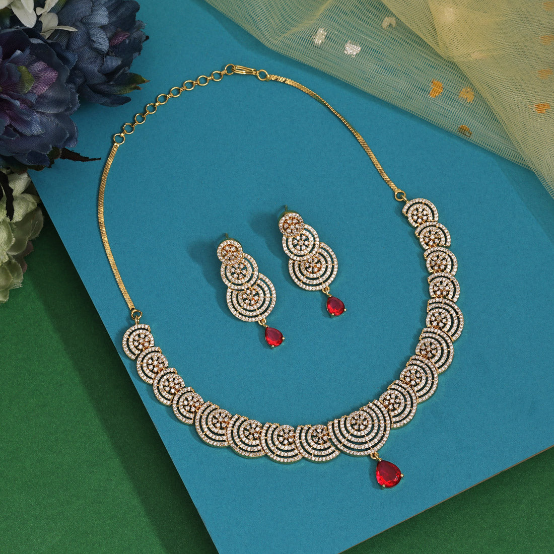 Ruby American Diamond Necklace Set