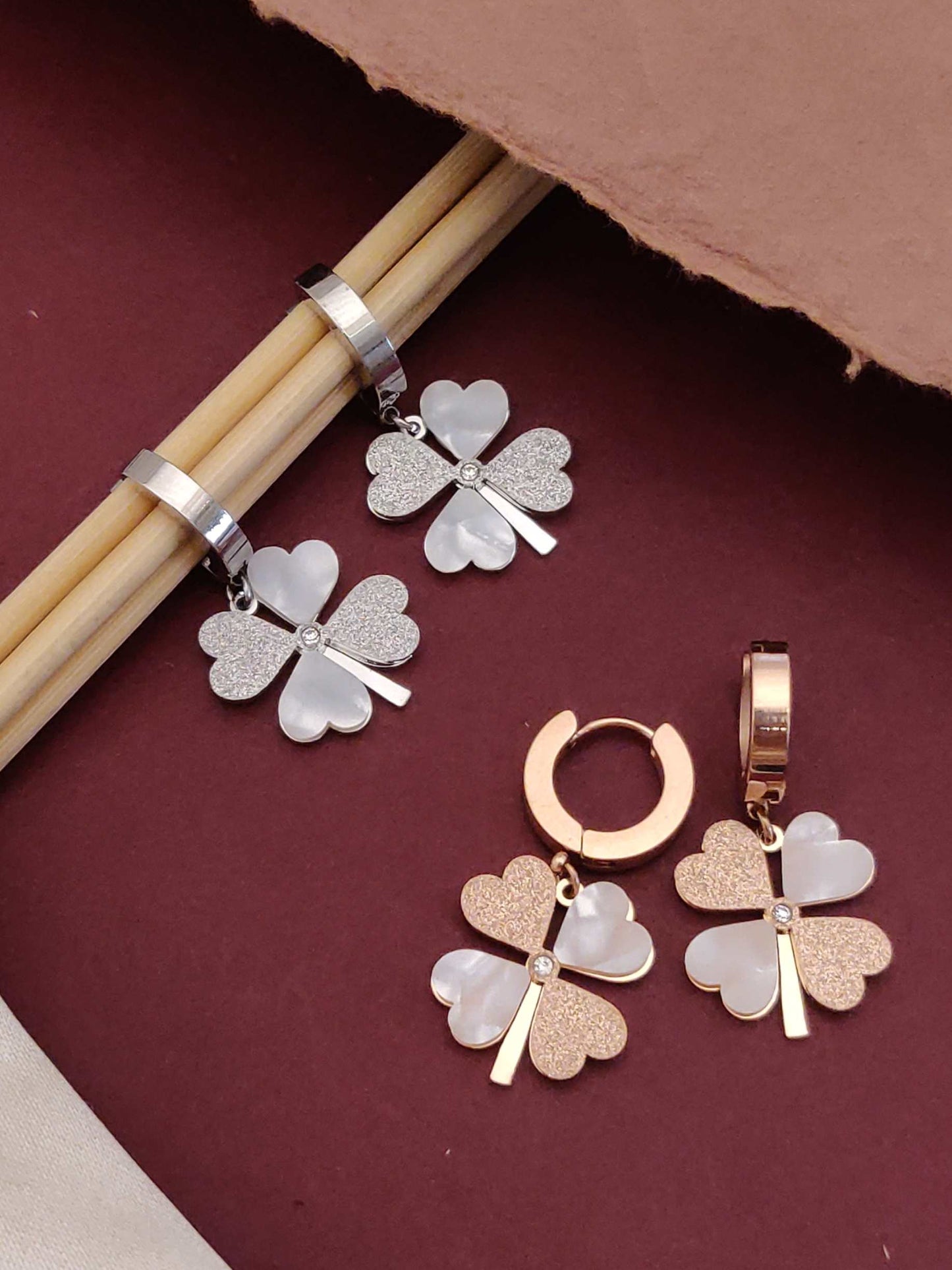 Heart Leaf Flower Rose Gold Dangling Bali Earrings