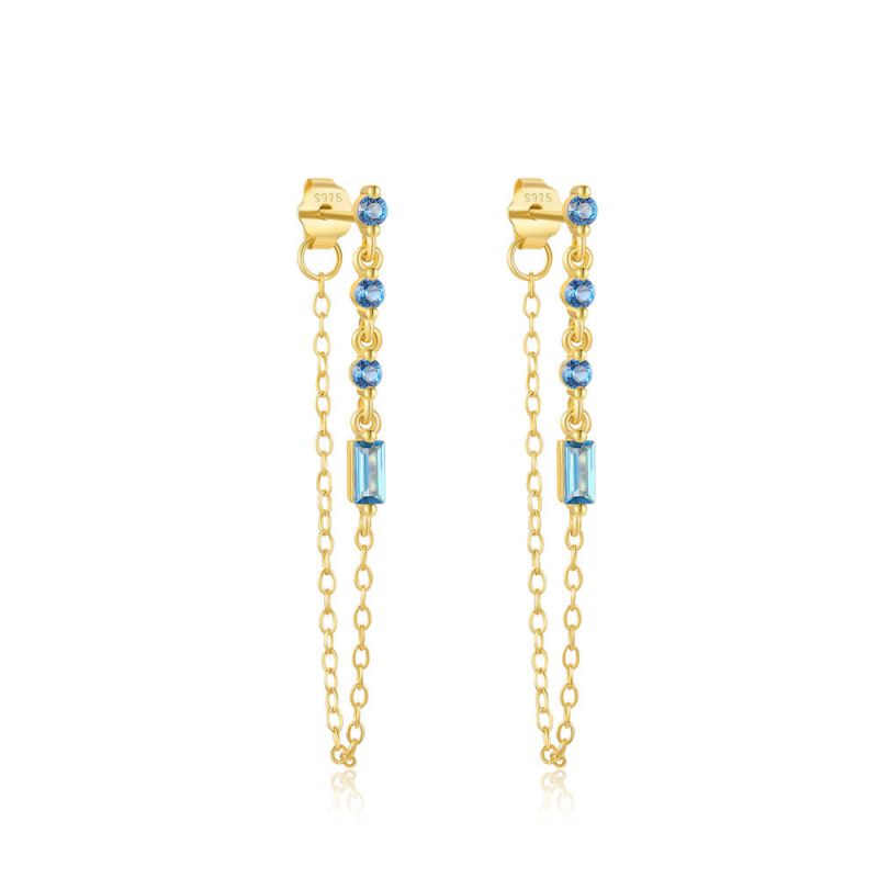 Blue Diamond Square Chain 925 Sterling Silver Earrings