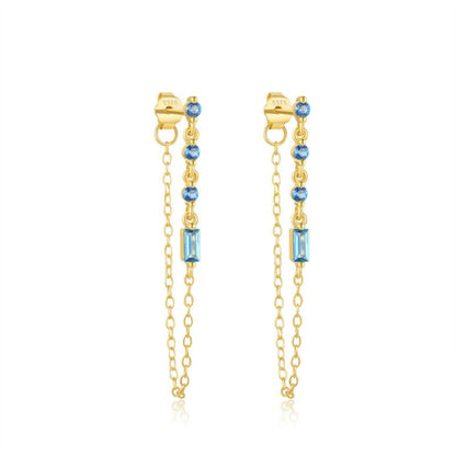 Blue Diamond Square Chain 925 Sterling Silver Earrings