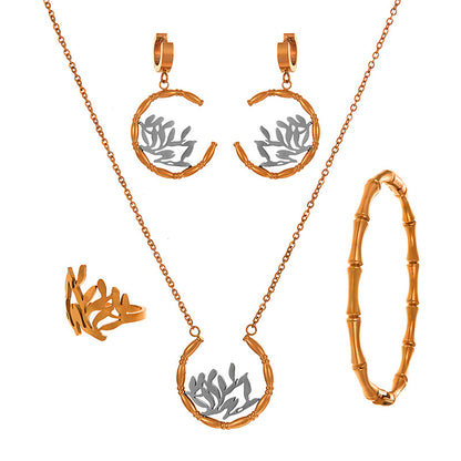 Bamboo Earrings Bracelet Ring 5-piece Necklace Set