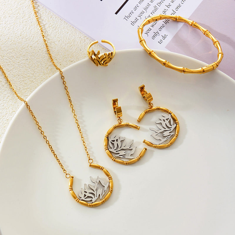 Bamboo Earrings Bracelet Ring 5-piece Necklace Set