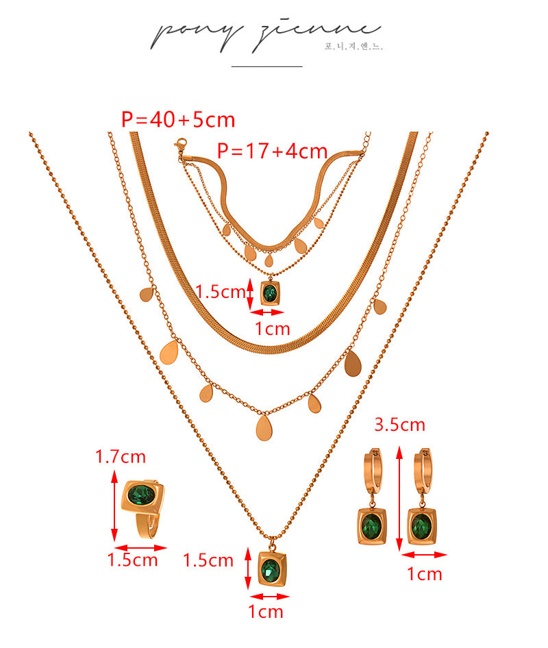 Emerald Diamond Earring Bracelet Ring Necklace Set