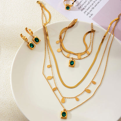 Emerald Diamond Earring Bracelet Ring Necklace Set