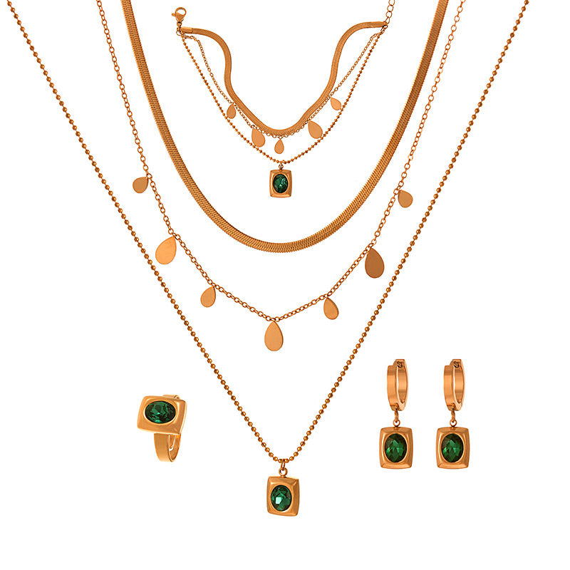Emerald Diamond Earring Bracelet Ring Necklace Set