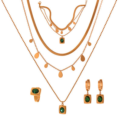 Emerald Diamond Earring Bracelet Ring Necklace Set