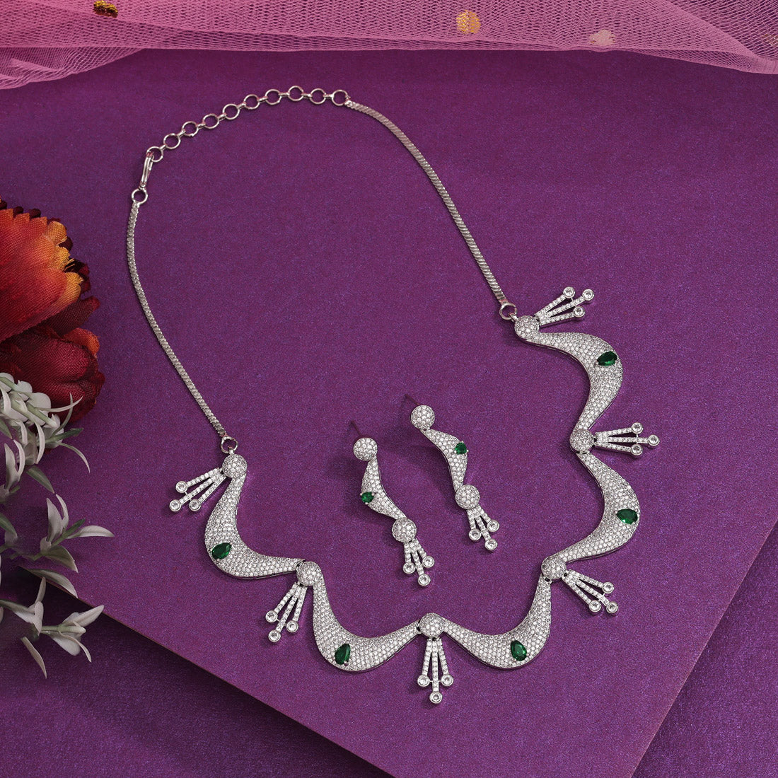 Emerald Drop American Diamond Necklace Set