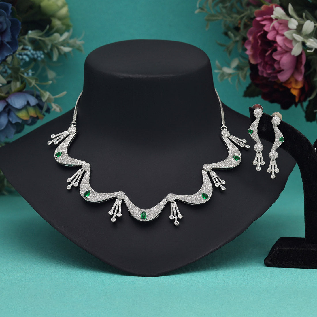 Emerald Drop American Diamond Necklace Set