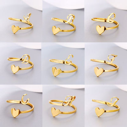 Heart 26 Letter Alphabet Open Ring
