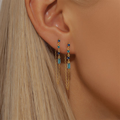 Blue Diamond Square Chain 925 Sterling Silver Earrings