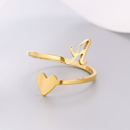 Heart 26 Letter Alphabet Open Ring