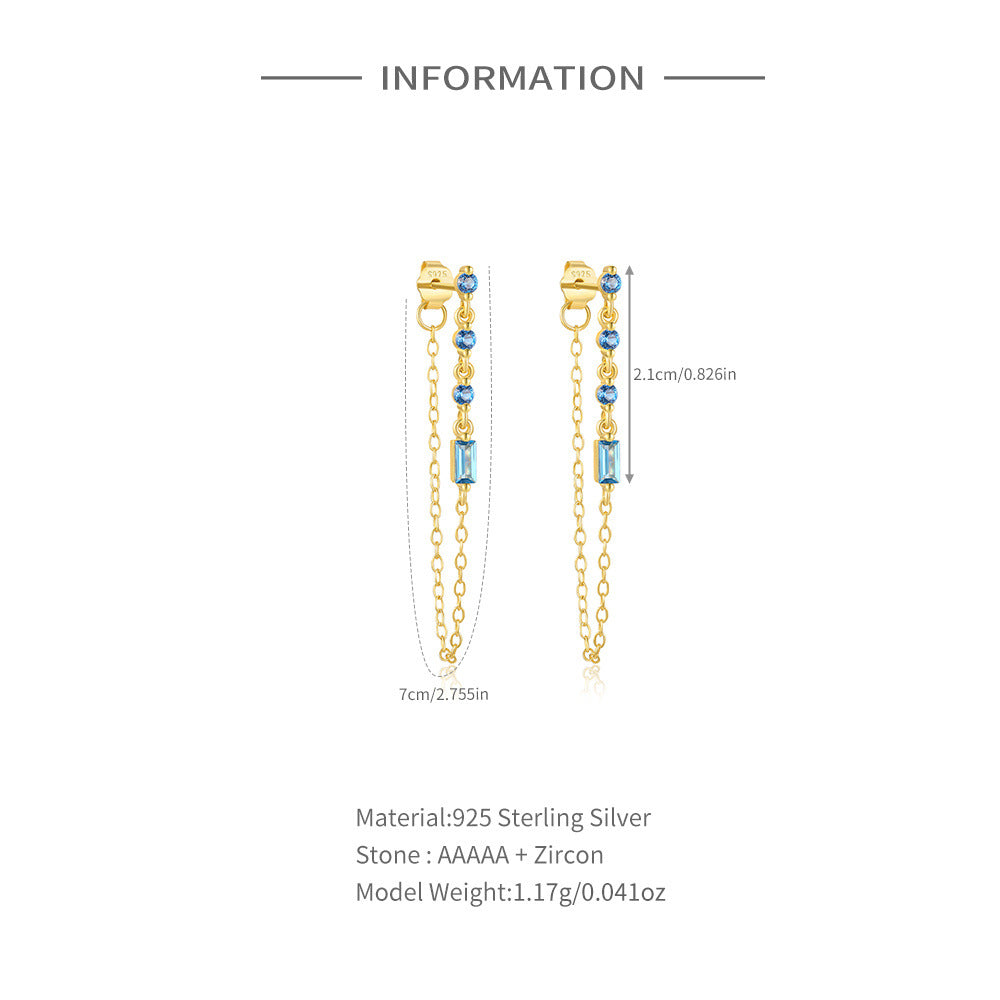 Blue Diamond Square Chain 925 Sterling Silver Earrings