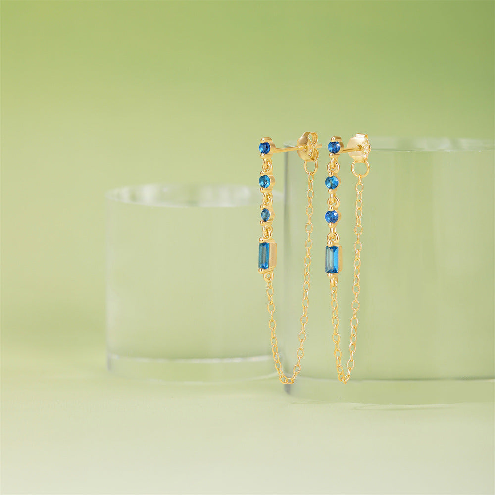 Blue Diamond Square Chain 925 Sterling Silver Earrings